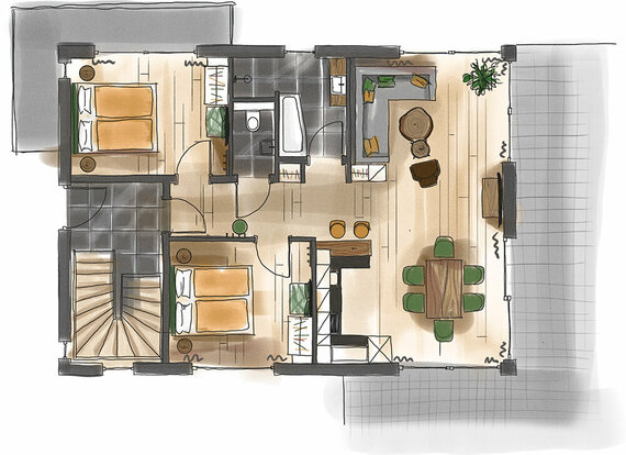 Grundriss der Wohnung mit Garten